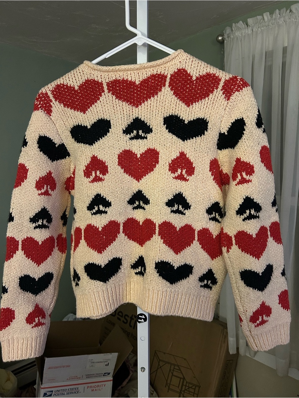 Free People Cream Cardigan with Red & Black Heart & Spade Motif - Picture 2 of 4